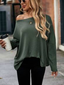 EMERY ROSE Women's Green Waffle Checkered Open Shoulder Batwing Sleeve Loose T-Shirt, Autumn Fall Cloth For Women - Green - View 5