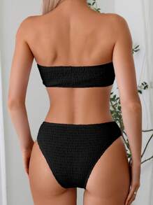 SHEIN Swim Women's Solid Color Bandeau Bikini Set, Summer Beachwear - Black - View 2