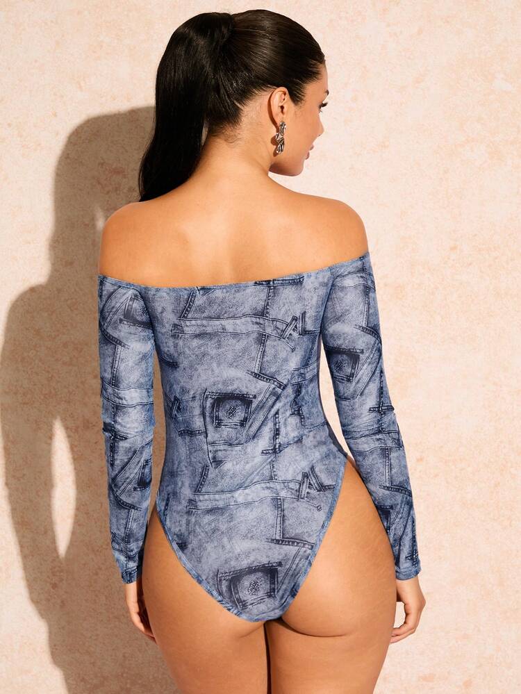 Glamine Denim Effect-Like Mesh Off-The-Shoulder Long Sleeve Bodysuit For Women - Blue - View 2