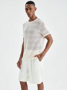 Manfinity VCAY Heren gebreid bijpassend casual T-shirt met ronde hals, korte mouwen en rechte casual shorts, 2 stuks, zomer