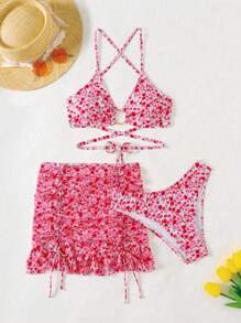 Swim Mod Bộ đồ bơi bikini hở lưng họa tiết hoa mùa hè đi biển dành cho nữ kèm váy che 3 món - Nhiều màu - Xem 3