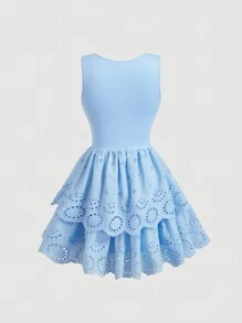 SHEIN MOD White Layered Cake Lace Summer Cute Rural Romantic Girl Dress - Blue - View 2