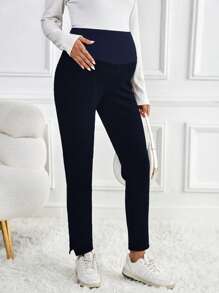 SHEIN Maternity Slimming Buttoned Sports & Outdoor Fashionable Simple Design Long Pants - Navy Blue - View 5