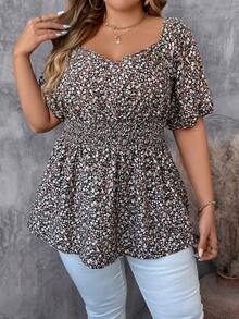 SHEIN CURVE+ Blusa corta de manga globo estampada con flores, adecuada para las vacaciones de verano y otoño, con estilo lindo - Multicolor - Ver 7