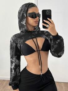SHEIN ICON 女士时尚印花短款连帽衫 - 黑色 - 查看 5