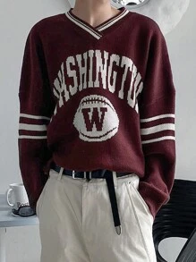 DAZY Men's V-Neck Striped Letter Printed Loose Comfortable Daily Casual Autumn Sweater Business Attire - Red - View 7