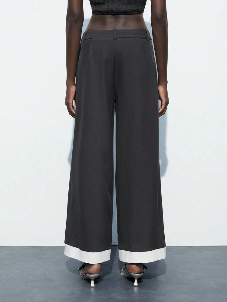 SHEIN Maija Contrast Color Decorated Wide-Leg Casual Pants For Women, Grey & White