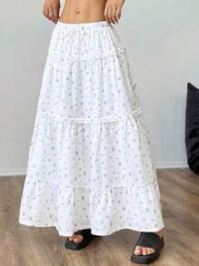 SHEIN EZwear 碎花抽绳荷叶边下摆女式半身裙