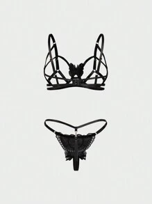 Spicy Aura Women's Butterfly Push-Up Underwire Sexy Lingerie 2pcs/Set - Black - View 2