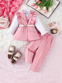 SHEIN 女婴粉色荷叶边无袖夹克 + 白色长袖衬衫（正面有纽扣） + 粉色裤子（带口袋）优雅装扮