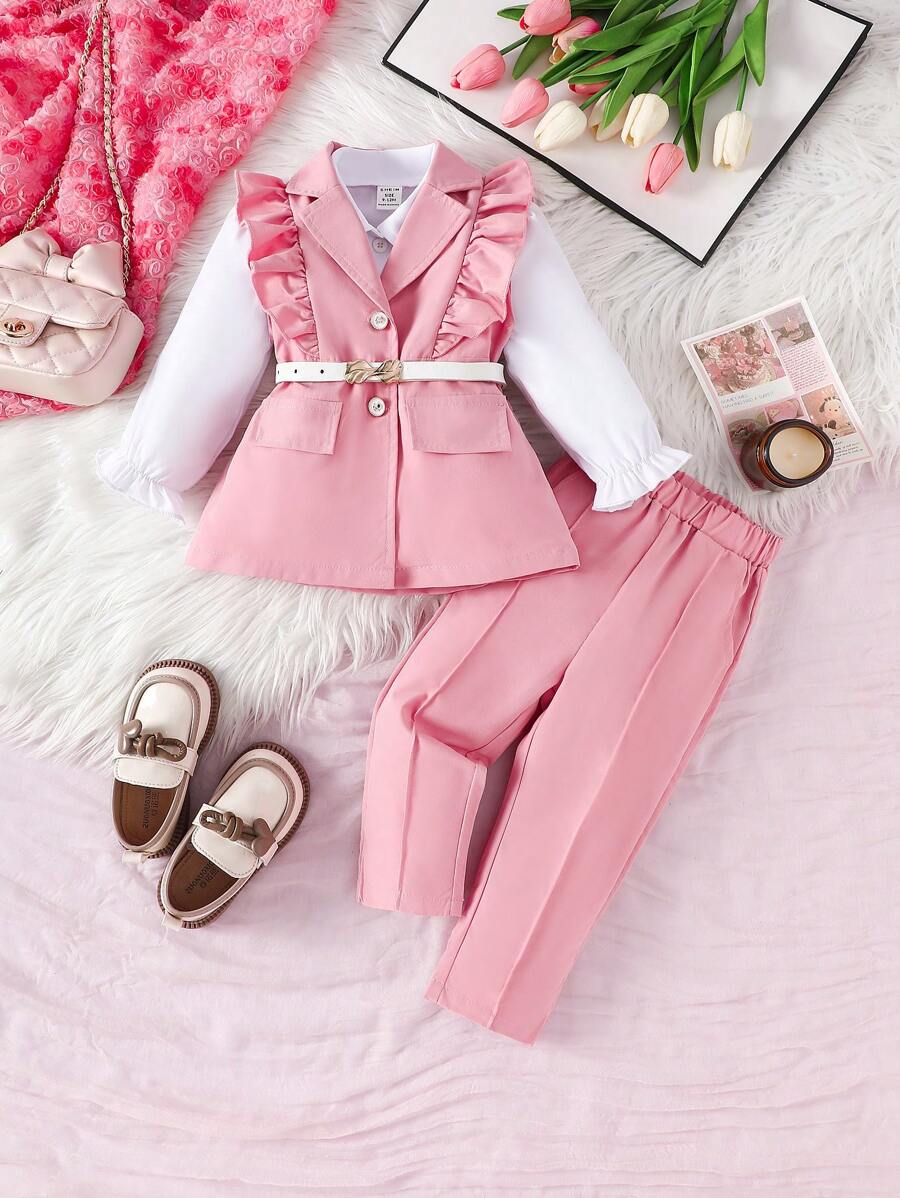 SHEIN 女婴粉色荷叶边无袖夹克 + 白色长袖衬衫（正面有纽扣） + 粉色裤子（带口袋）优雅装扮