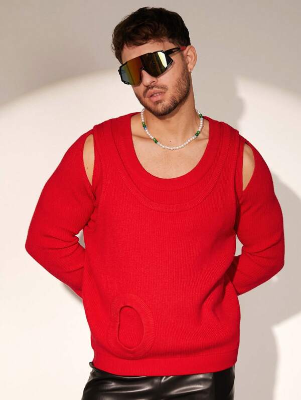 WENEZON Herren Set aus einfarbigem Langarm Pullover mit Cut-Outs und zerrissener Tanktop Strickweste