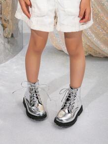 1 双时尚金属镜面条侧拉链摩托车短靴 - 銀色 - 查看 1