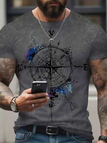 Manfinity Dauomo 男士夏季指南針圖案圓領短袖休閒T恤 - 深灰色 - 查看 1