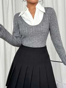 SHEIN Unity Áo len nữ dáng ôm, hoàn hảo để mặc nhiều lớp, áo len chui đầu mùa thu đông. - Xám - Xem 5