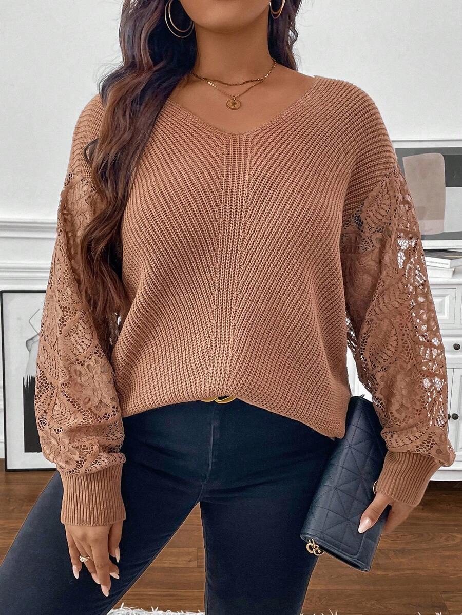 SHEIN Clasi Plus Size Winter Elegant And Casual Textured Sweater With Sexy Hollow Lace Sleeve Design, Providing Warmth, Suitable For Gatherings, Work, Outings, Holidays, Shopping, And Home,Fall Sweaters,Winter Clothes,Basic Top,Elegant Woman Clothing - Khaki - View 1