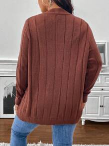 SHEIN Clasi Plus Size Casual, Featuring Pocket Design, Warm, Buttonless Knitted Cardigan. Suitable For Work, Outings, Home, Shopping, And Gatherings , Brown Cardigans In Women In Fall/Winter - Coffee Brown - View 2