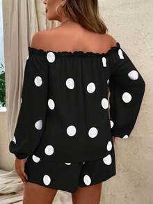 Ensemble de 2 pièces pour femmes : Haut à manches longues ouvertes aux épaules avec nœud à la taille et Pantalon à jambes larges à pois, confortable et ample - Noir - Voir 2