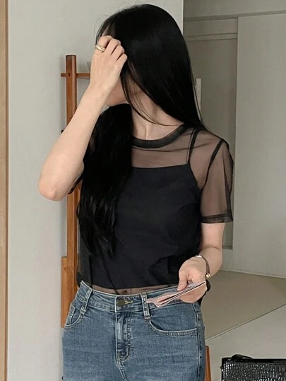 DAZY 女士纯色圆领网眼短袖上衣外出上衣夏季透明