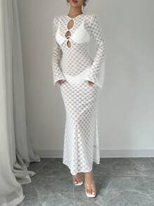 Selianne Spring Summer Sexy Solid Color Hollow-Out Knit Trumpet Sleeve Mermaid Style See-Through Long Dress Fall Cloth For Women - White - View 3