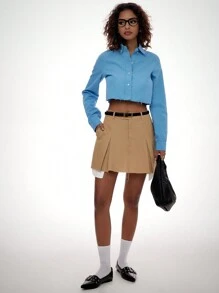 Forever 21 Camisa de manga larga corta de unicolor simple diaria para mujer - Azul - Ver 5
