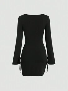 Sweetra Solid Color Square Neckline Long Sleeve Bodycon Mini Dress With Drawstring Detail, Suitable For Casual Or Holiday Fall Cloth For Women - Black - View 2