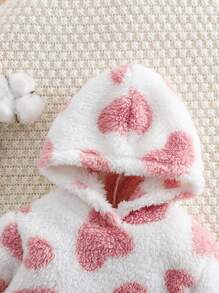 SHEIN Baby Girl Plush Cartoon Heart Printed Dress, Suitable For Outdoor Activities, Back To School And Autumn/Winter Season - Pink - View 5