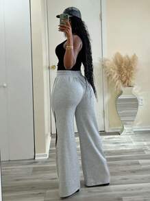 女士休闲宽松直筒抽绳腰拼色运动裤，夏季 - 灰色 - 查看 9