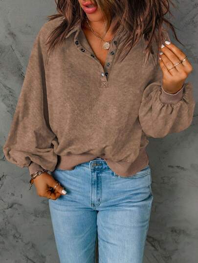 Women Solid Color Polo Collar Raglan Sleeve Lantern Sleeve Loose Casual Sweatshirt, Autumn/Winter,Long Sleeve Tops Spring