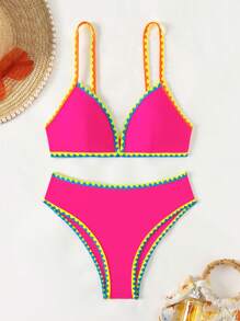 女士夏季沙灘花苞邊緣性感比基尼套裝 - 玫紅色 - 查看 5