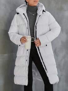 SHEIN PETITE Women's  Drawstring Hooded Puffer Coat - White - View 6