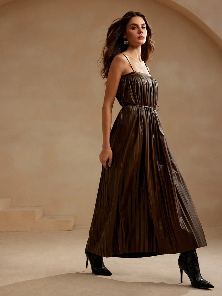 Coffee-Color Slimming Pleated Leather Strap Adjustable Cami Dress For Women