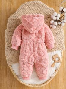 女婴提花毛绒连帽连体衣，秋冬款 - 粉色 - 查看 2