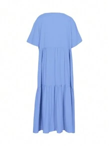 Plus Size Casual Loose V-Neck Solid Color Dress For Women, For Summer - 淺藍色 - 查看 3