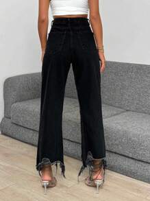 RueChic 100% Cotton HIGH RISE CROPPED STRAIGHT CUT RIPPED HEM BLACK JEAN - Black - View 2