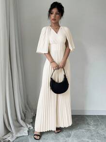 Chiquease Pleated Wide Leg Jumpsuit - Apricot - View 3