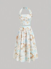 SHEIN MOD Women's Tie-Dye Halter Top And Skirt Set,Ombre Print,Marble Print - Khaki - View 1