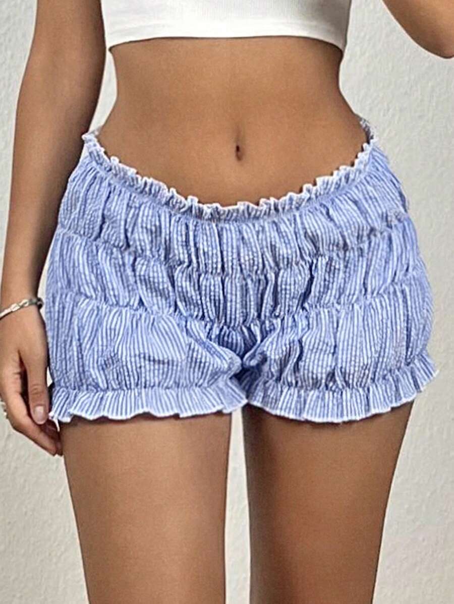 SHEIN EZwear Quần short nữ màu trơn kẻ sọc viền bèo nhún, thích hợp mặc hàng ngày. - Màu xanh lam - Xem 1