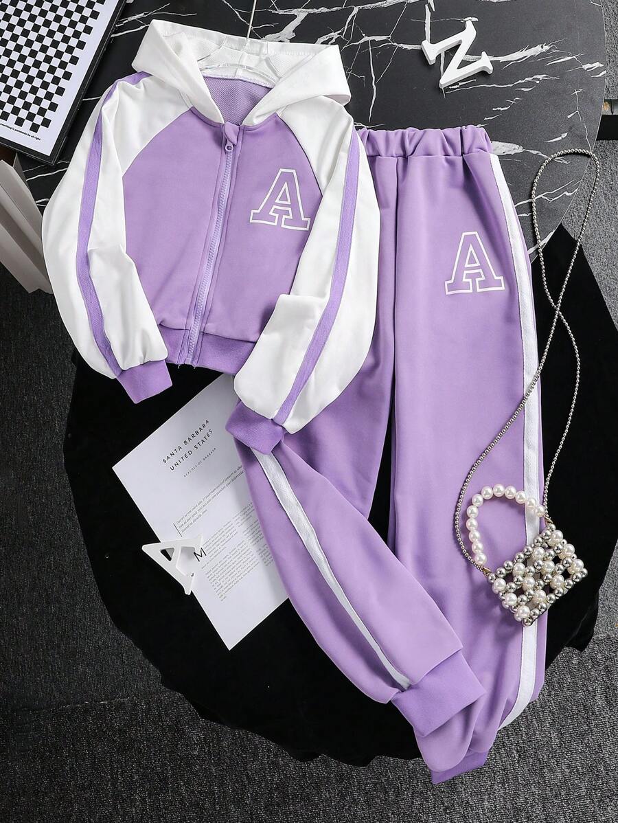 Tween 女童休闲拼色连帽运动衫和慢跑裤套装，春/秋 - 彩色 - 查看 1