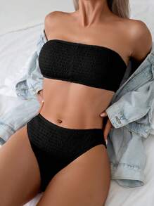 SHEIN Swim Women's Solid Color Bandeau Bikini Set, Summer Beachwear - Black - View 1