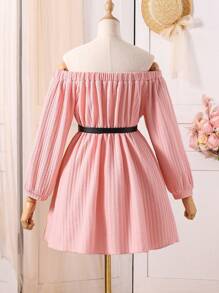 Tween Girl's Summer Casual Solid Color Lantern Sleeve Off Shoulder Dress - Pink - View 2