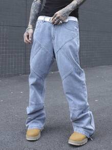 Manfinity EMRG Pantalones vaqueros holgados, informales y amplios con cremallera lateral y abertura de pierna ancha para hombre. Pantalones vaqueros anchos y lavados de color azul claro, ideales como regalo para el esposo o novio