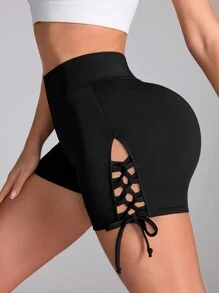 Slayform Women's Solid Color Simple Daily Wear Tie Belt Sports Shorts - Black - View 2