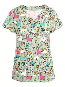 PopScrub Áo thun đồng phục tay ngắn cổ chữ V in họa tiết ngẫu nhiên dễ thương và vui nhộn cho nữ, áo phẫu thuật - màu xanh lá - Xem 1