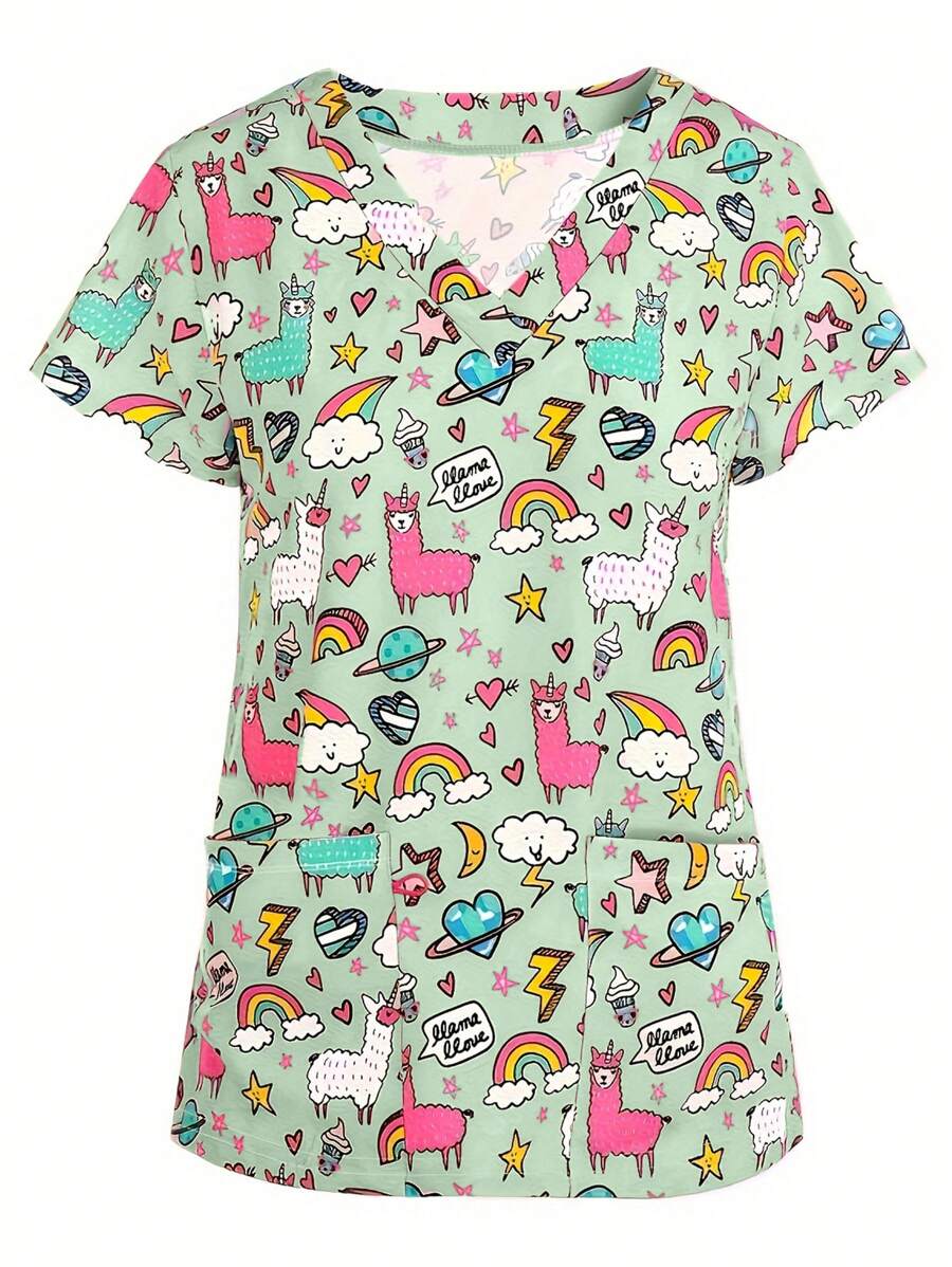 PopScrub Áo thun đồng phục tay ngắn cổ chữ V in họa tiết ngẫu nhiên dễ thương và vui nhộn cho nữ, áo phẫu thuật - màu xanh lá - Xem 1