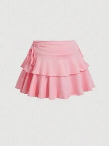 SHEIN MOD Plus Size Pink Drawstring Multi-Layered Hem Skirt - Pink - View 5