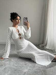 Selianne Spring Summer Sexy Solid Color Hollow-Out Knit Trumpet Sleeve Mermaid Style See-Through Long Dress Fall Cloth For Women - White - View 7