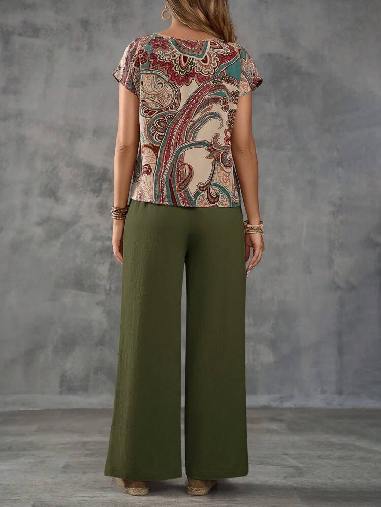 Women's Paisley Print Pattern Shirt And Solid Color Trousers Set