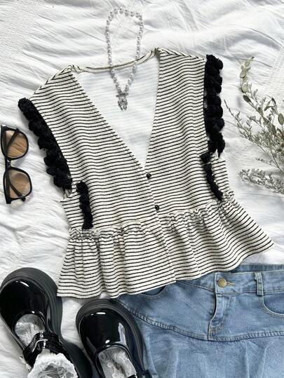 Soleia Abito senza maniche con scollo a V profondo, colori a blocchi a righe con giacca a frange, orlo con volant e design dell'orlo per le vacanze delle donne