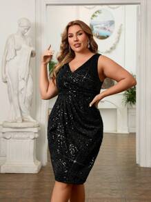 SHEIN Belle Plus Size Black V-Neck Short Sparkly Asymmetric Wrap Elegant Cocktail Dress Prom Semi Formal Wedding Guest Dress, For Birthday, Graduation, Dinner, Homecoming Party Dress - Black - View 6